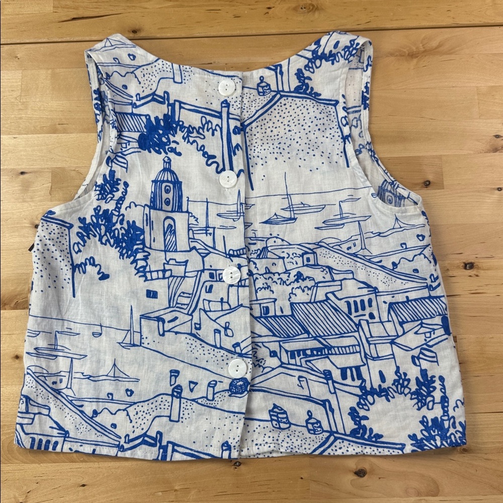 Calypso St Barth Cropped Linen Blend Button Back Tank Top Size S Blue White - Picture 2 of 7